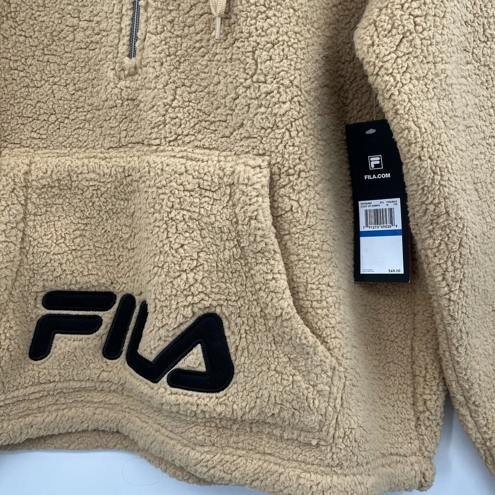 FILA Womens XL Sweatshirt Tan Long Teddy Sherpa‎ 1/4  Zip Fleece Hoodie NWT - Picture 2 of 7